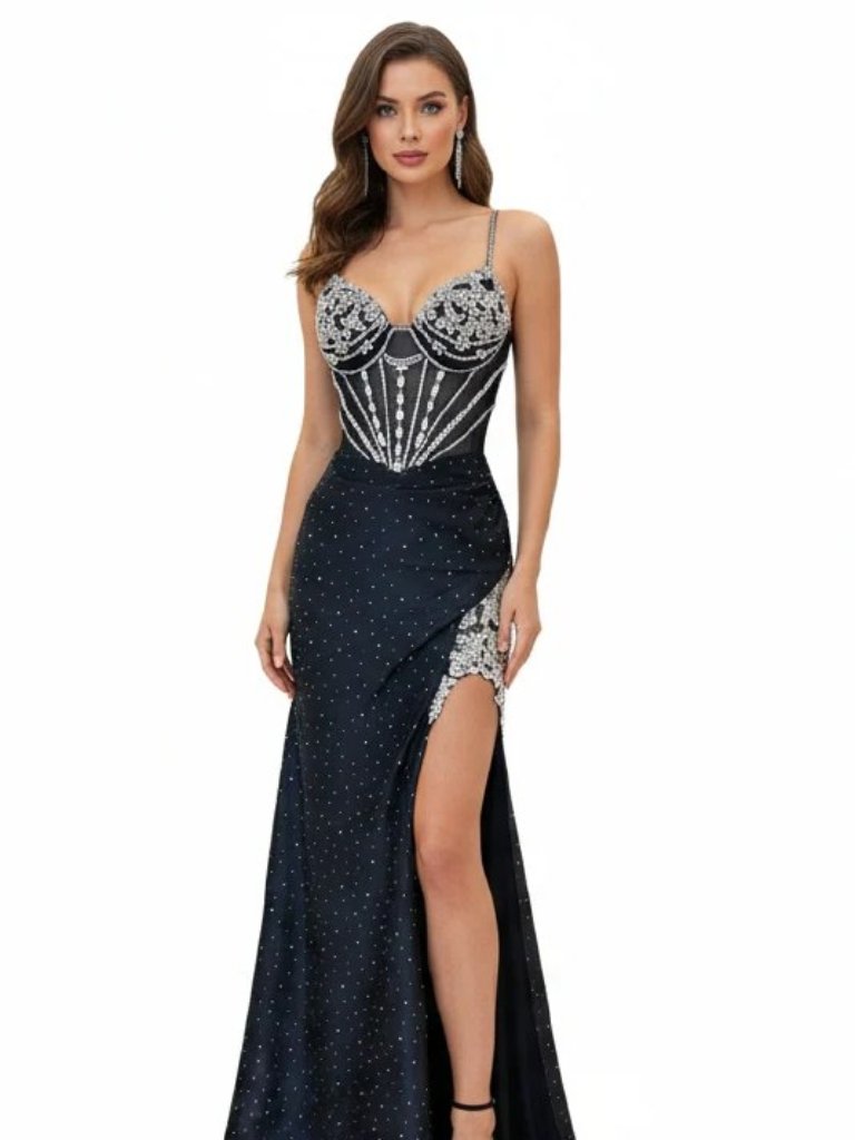 New Black Rhinestones Embellished Long Festive Gown W/ Corset Bodice Tr Tl3075l